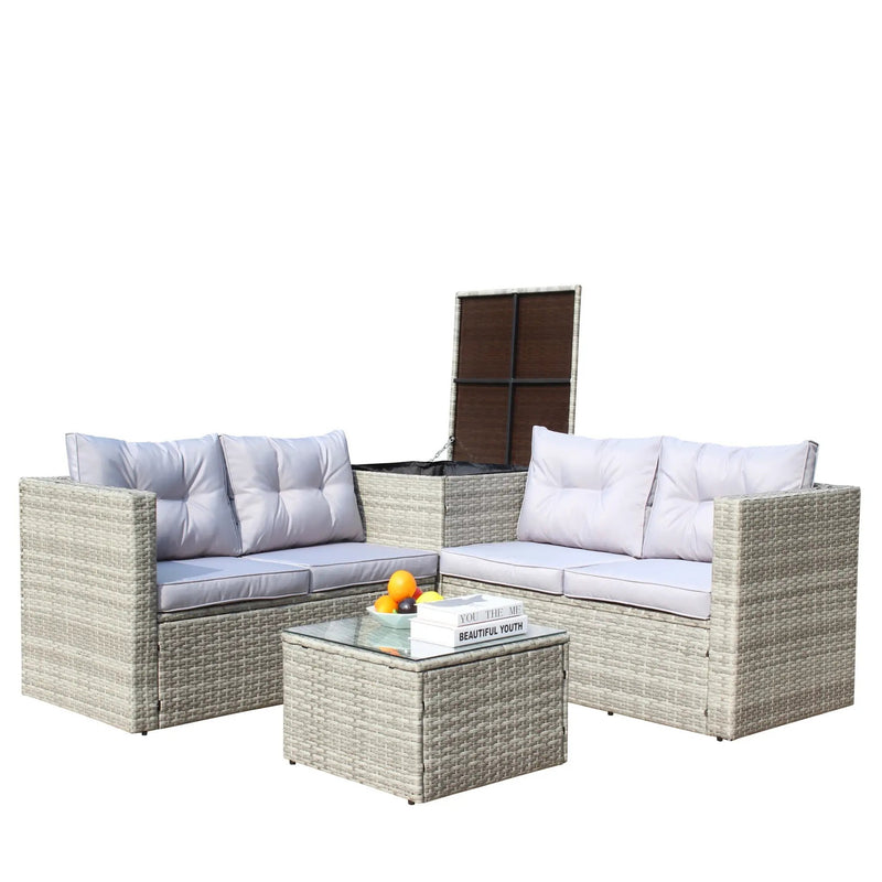 4 Piece Patio Sectional Wicker Rattan Outdoor Furniture Sofa Set with Storage Box Grey by HouseOfZazla