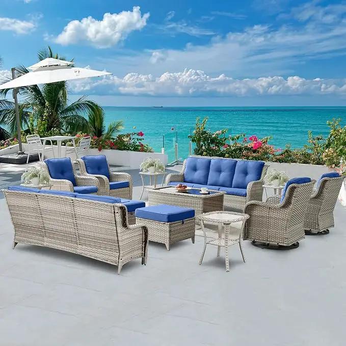 Wicker Patio Furniture Sets - 13 Piece Outdoor Rattan Furniture Conversation Sets with 4 Swivel Rocker Chairs, 2 Rattan Sofas, Wicker Ottomans and Coffee Table, Light Grey/Blue by GreenHaven Gardens