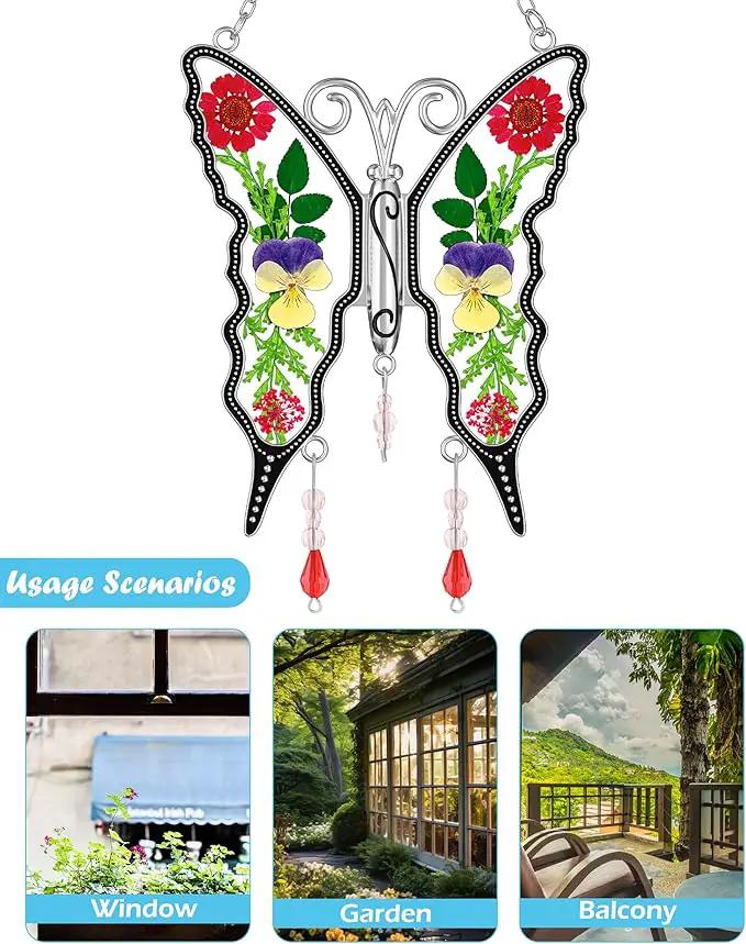 KY&BOSAM Butterfly Suncatcher DIY Gifts for Mom Ornament for Window Pressed Flower Between Wings Glass Metal Engraved No Charm Gifts for Mom Mother's Day Valentine's Birthday Thanksgiving Christmas