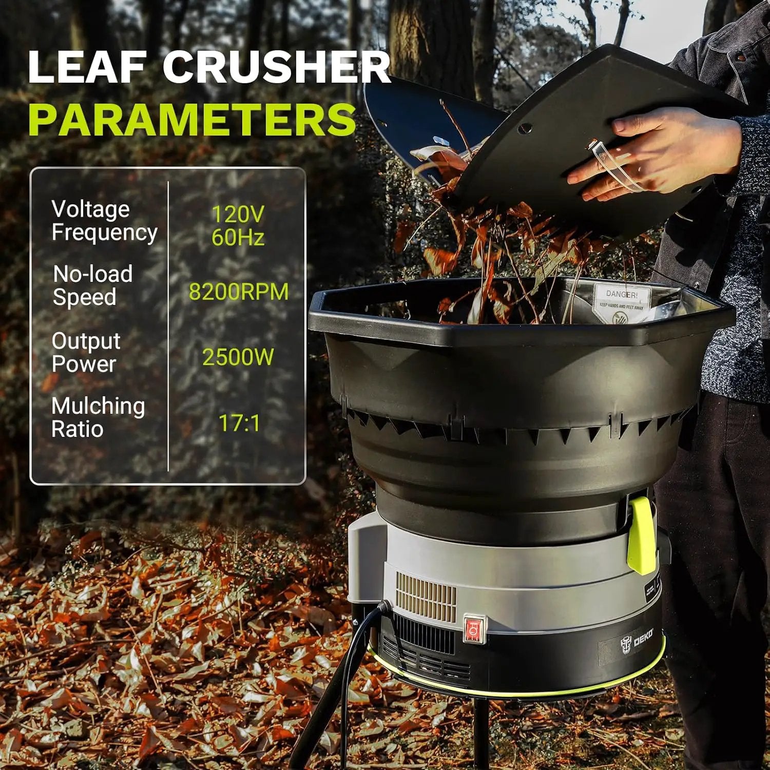 Electric Leaf Mulcher/Shredder: DEKOPRO 13-Amp 8200RPM Motor for 17:1 Reduction Ratio, Adjustable Control Dia with Leaf Scoops Spade and 20 Cutting Lines by GreenHaven Gardens