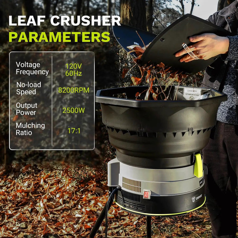 Electric Leaf Mulcher/Shredder: DEKOPRO 13-Amp 8200RPM Motor for 17:1 Reduction Ratio, Adjustable Control Dia with Leaf Scoops Spade and 20 Cutting Lines by GreenHaven Gardens