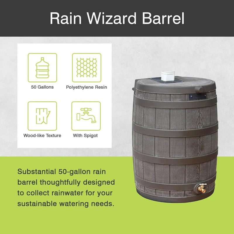 Good Ideas 50 Gallon Large Faux Wood Plastic Rain Water Barrel Collector with Brass Spigot for Rainwater Collection and Storage, Oak, 2 Pack by GreenHaven Gardens