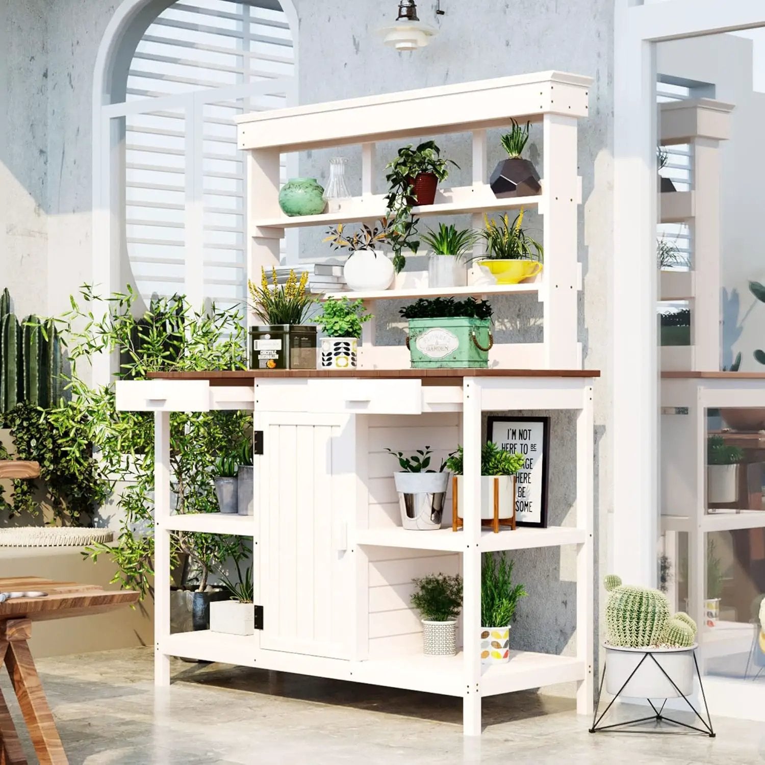 Merax 66" Large Outdoor Farmhouse Wooden Potting Bench Table, Garden Workstation with 2 Drawers, Cabinet, and Open Shelves for Backyard, Mudroom, White by GreenHaven Gardens
