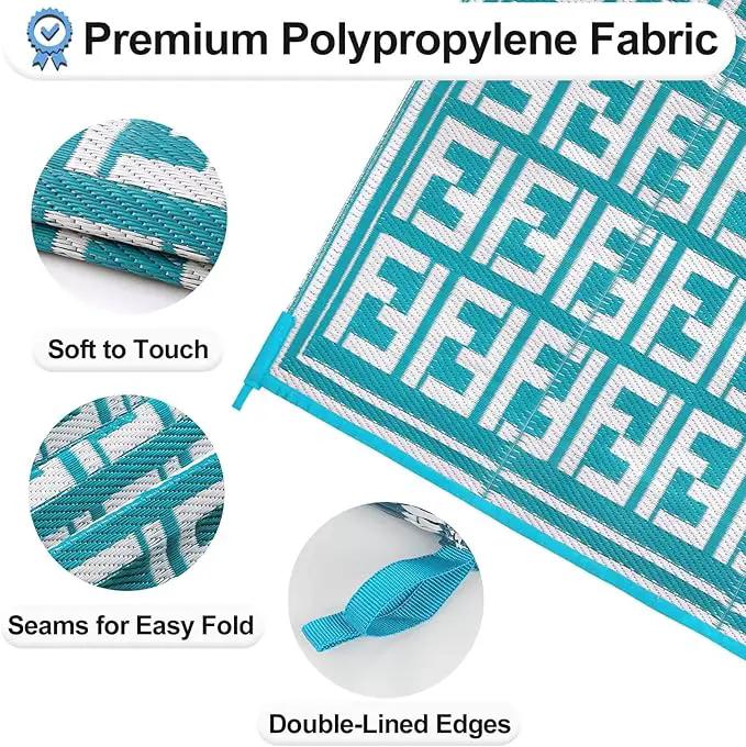OutdoorLines Outdoor Plastic Area Rugs for Patio 5x8 ft - Reversible Outside Carpet, Stain & UV Resistant RV Mats, Straw Rug for Camping, Deck Garden, Porch and Balcony, Geometry Teal & Light Grey by GreenHaven Gardens