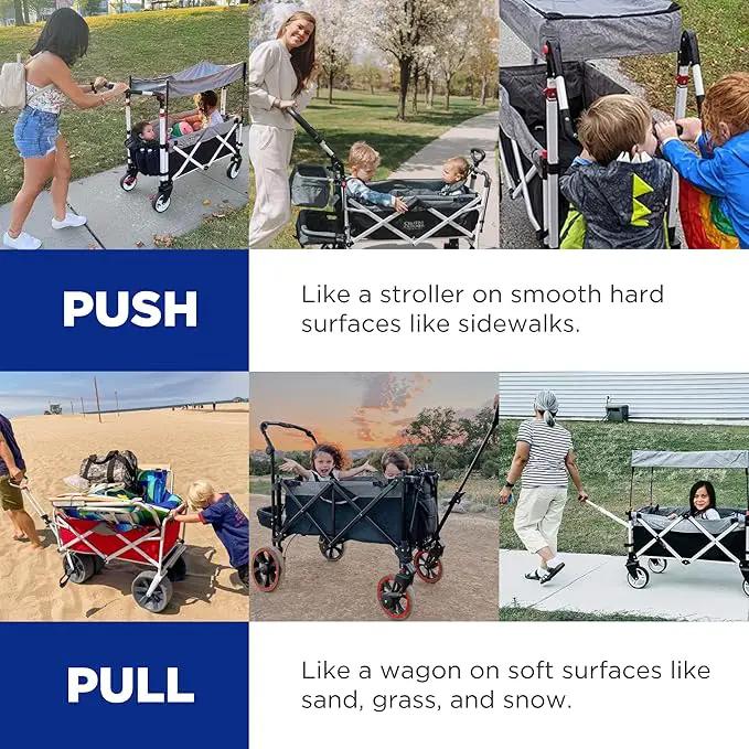 Creative Outdoor Wagon for Kids Push Pull Collapsible Stroller Folding Cart | Silver Series | Beach Park Garden & Tailgate | Navy Blue by GreenHaven Gardens