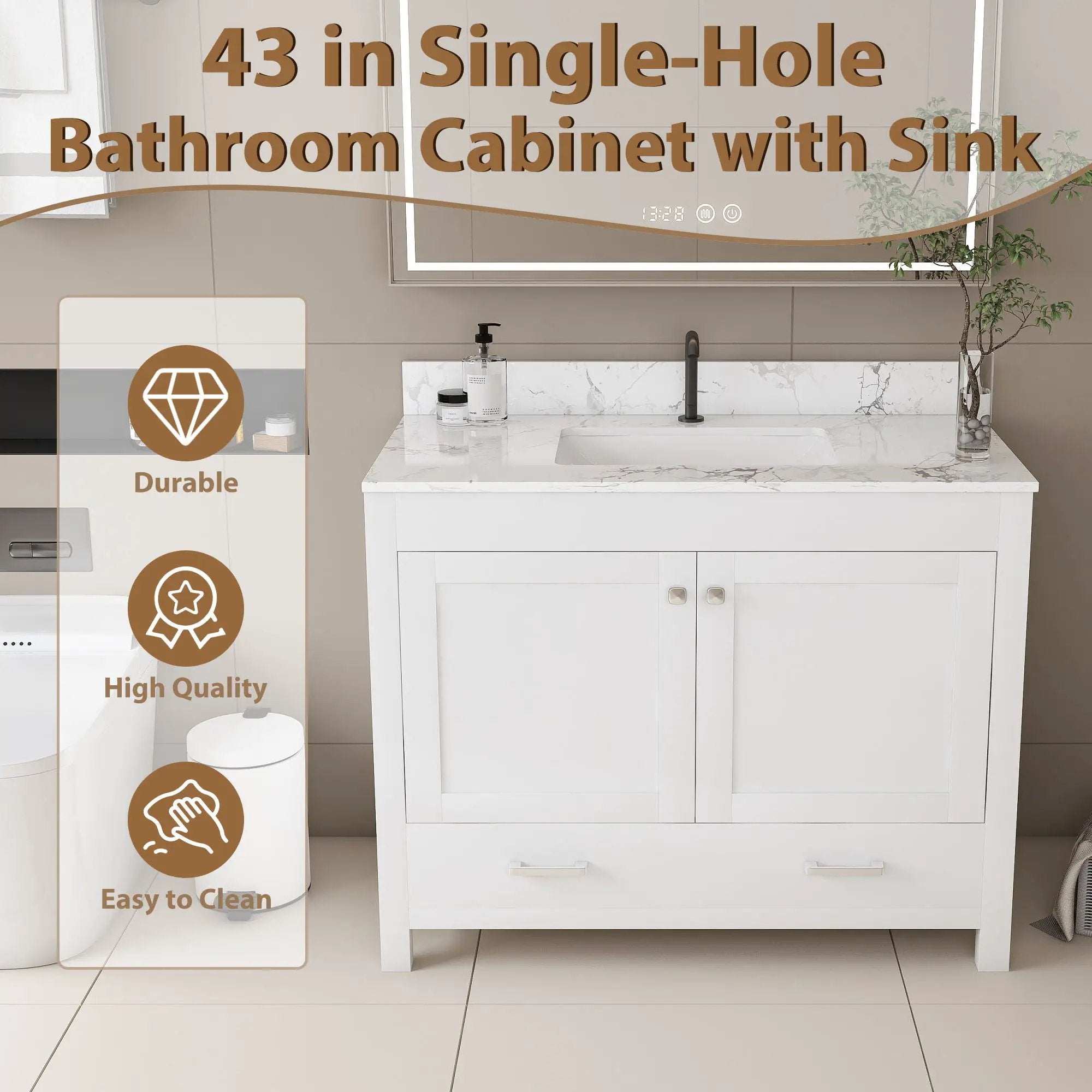 43" Bathroom Vanity With Artificial Marble Carrara Top Set, Multi Functional Cabinet With Doors And Drawer - White by Unique Piece Furniture