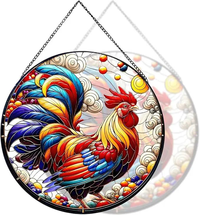 RIVEENY Rooster Glass Window Hangings, 8" Rooster Sun Catcher Stained Glass Window Panels, Wall Art Stained Panel Hangings Gift for Home Garden Ornament (Roosters) by GreenHaven Gardens