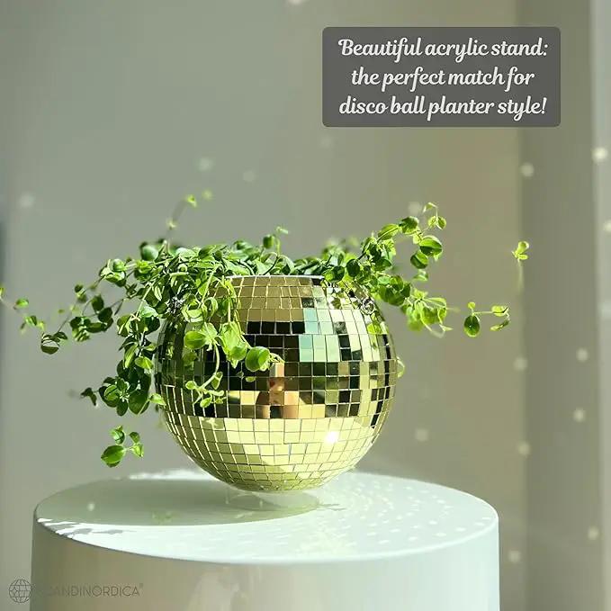 SCANDINORDICA Disco Ball Planter – Value Package: Mirror Disco Planter with Chain, Macrame Hanger and Acrylic Stand for Desk, Includes Self Watering Insert, Disco Decor | 8 inch Gold by GreenHaven Gardens