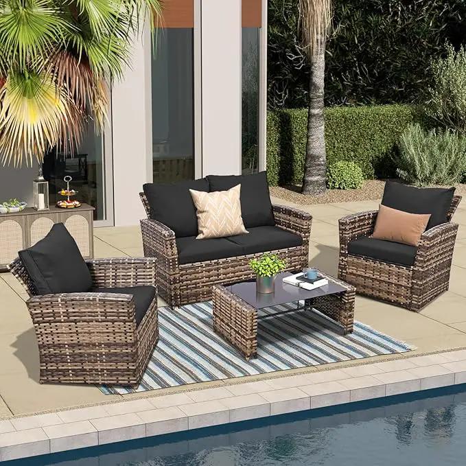 4 Piece Outdoor Patio Furniture Set,Wicker Conversation Sets Outdoor Sectional Patio Sofa Couch with Cushions & Coffee Table for Outside, Garden, Balcony, Porch,Yellow/Black by GreenHaven Gardens