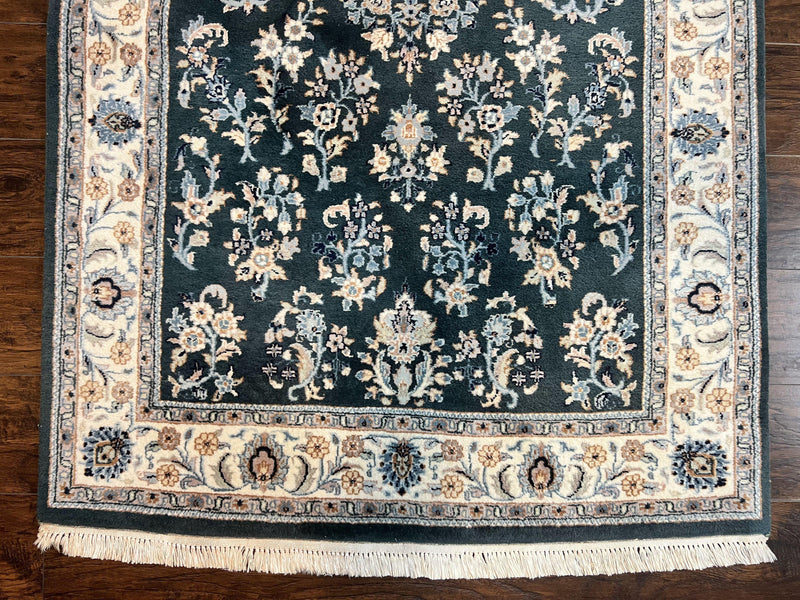 Green Indo Persian Rug 4x6, Floral Allover, Handmade Vintage Oriental Carpet, Sarouk Rug, Wool by Jewel Rugs