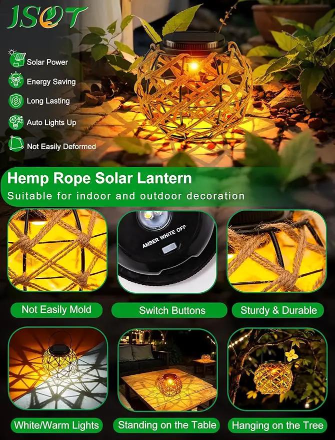 JSOT Solar Lantern - 2 Pack Hemp Rope Hanging Lights Outdoor Lanterns Wall Lanterns Hanging Solar Lamps for Front Porch Patio and Yard by GreenHaven Gardens
