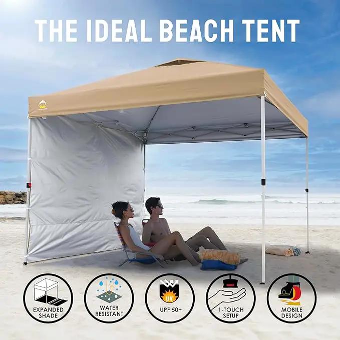 CROWN SHADES 10x10 Pop Up Canopy with 1 Side Wall - Beach Tent with One Push Setup - Outdoor Sun Shade for Events, Parties, Camping - Gazebo with STO-N-Go Cover Bag (Beige) by GreenHaven Gardens