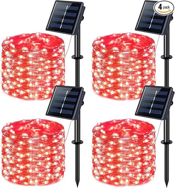 JMEXSUSS 4 Pack Red Solar Fairy Lights, Total 400 LED 132FT Red Solar Lights Outdoor Waterproof, 8 Modes Copper Wire Solar String Lights for Outside Patio Christmas Valentine Day Decorations by GreenHaven Gardens