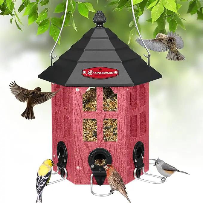 Kingsyard Wild Bird Feeder for Outdoor Hanging, Recycled Plastic Bird Feeders with 6 Ports & U-Shape Perch, Garden Yard Outside Decoration, 3.5 lbs Seed Capacity, Red by GreenHaven Gardens