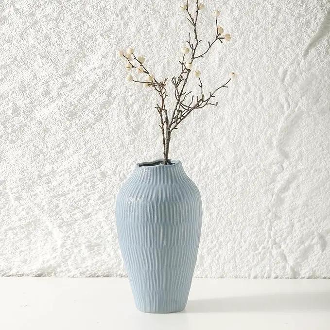 Ceramic Vase for Home Decor,11.6 Inch Flower Vases，Decorative Blue Vase for Pampas Grass，Modern Art Texture Vases for Home Entryway Living Room Dining Table Farmhouse Office Decor-Mat Blue by GreenHaven Gardens