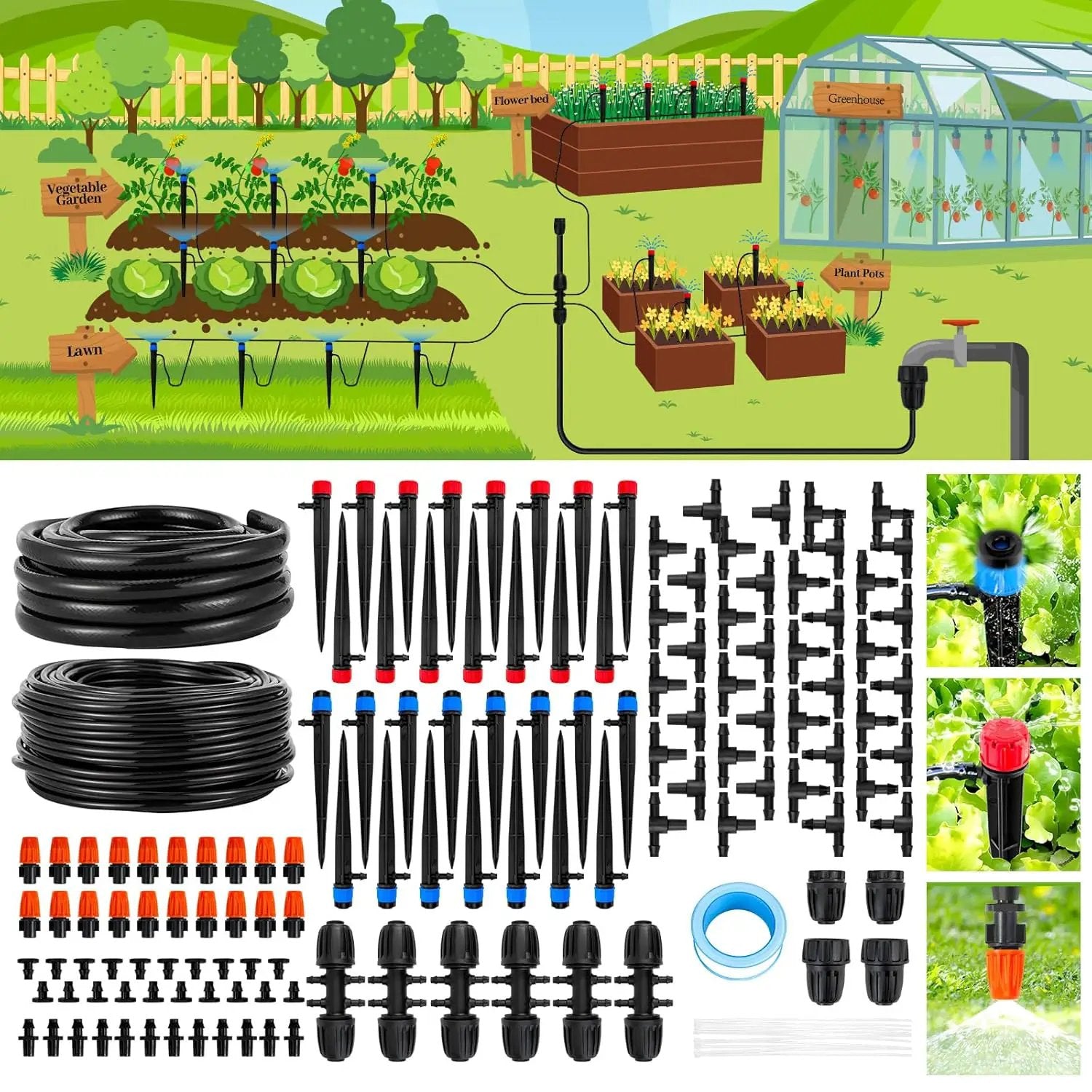 240FT Drip Irrigation System,Automatic Drip Irrigation Kit with 1/2 inch Hose 1/4 inch Distribution Tubing and Accessories,for Lawn Raised Bed Greenhouse Plant Watering System by GreenHaven Gardens