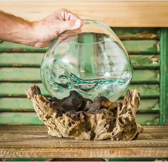 Cape Craftsmen 10" H Hand-Blown Blue Tinted Bubble Glass On Natural Teak Driftwood Terrarium | Home Décor Indoor Planter with Stand | Pot for Succulent and Plants by GreenHaven Gardens