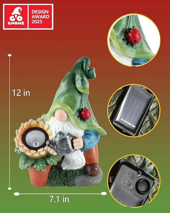 Solar-Powered Garden Gnome Watering Can Sunflower - 12 in Garden Decor Gnomes Decorations for Yard Lawn Ornaments Outside Statue Figurine LED Lights (Gnome) by GreenHaven Gardens