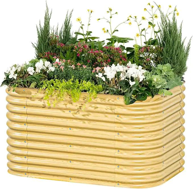 Vego garden 32" Extra Tall Raised Garden Bed Kits, 6 in 1 Modular Raised Planter Box for Vegetables Flowers Fruits Oval Metal Raised Garden, Sunlit Oak by GreenHaven Gardens