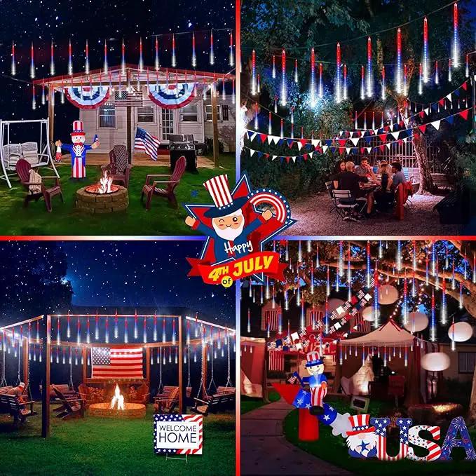 KNONEW 24 Tube Red White and Blue Meteor Shower Lights 4th of July Decorations,16 in 672 LEDs String Lights,52FT Plug in Waterproof Outdoor Lights for Independence Day House Tree Party Decor by GreenHaven Gardens