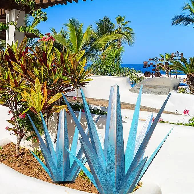 Enlarge Metal Plants Tequila Rustic Sculpture, Outdoor Patio Yard, Home Decor Hand Painted Agave Garden Statue, Outdoor Lawn Ornaments Yard Stakes for Mom Gift (1 Large Blue) by GreenHaven Gardens