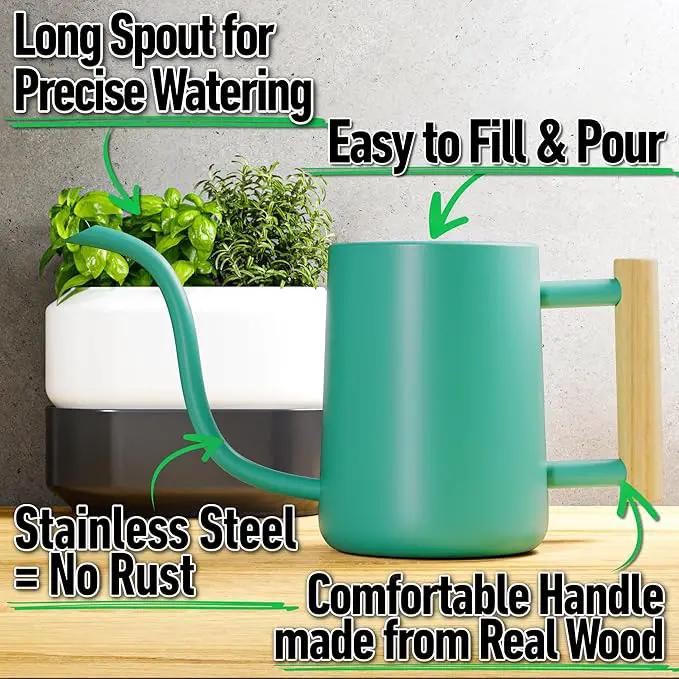 35 oz Metal Small Indoor Watering Can with Long Spout & Real Wood Handle for House Plants, Succulents, Cacti & Seedlings - Green Long Spout Watering Can Indoor Plants - Stylish, Gentle Flow, No Spills by GreenHaven Gardens
