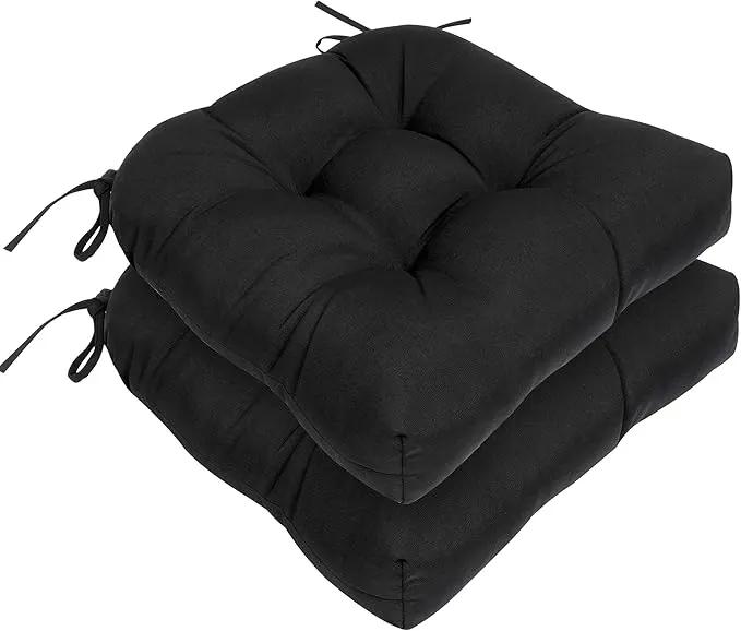 RACE LEAF Outdoor Cushions 19" x 19" Patio Chair Seat Pads, Set of 2 Thick Fill Tufted Square Patio Cushions, Water-Resistant Olefin Chair Seat Cushion with Ties for Non-Slip Support, Black by GreenHaven Gardens