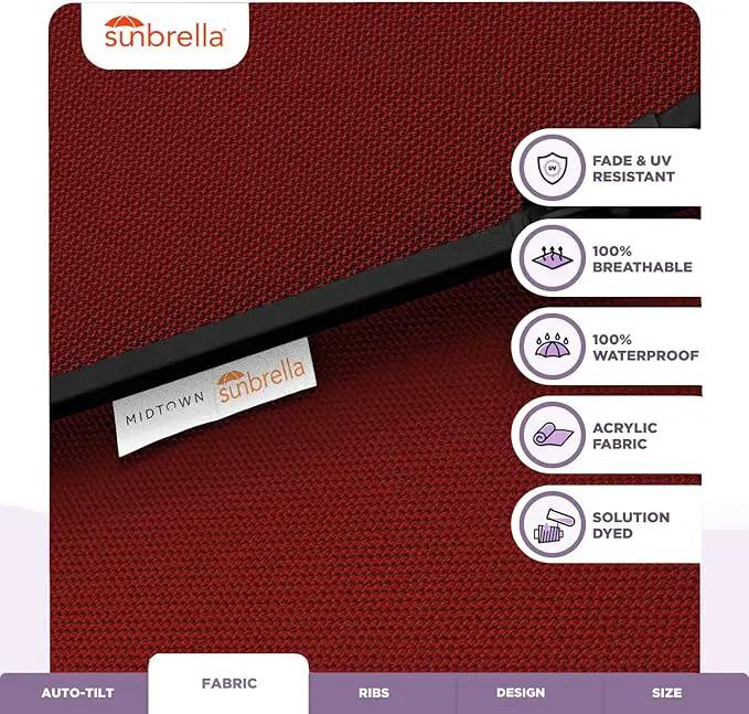 Midtown Umbrellas Sunbrella Umbrella 10 Feet Large Outdoor Umbrella With Sunbrella Red Acrylic Fabric - Auto-Tilt Aluminum Frame Large Patio Umbrella For Backyard, Deck, Garden, Pool - Black Pole by GreenHaven Gardens