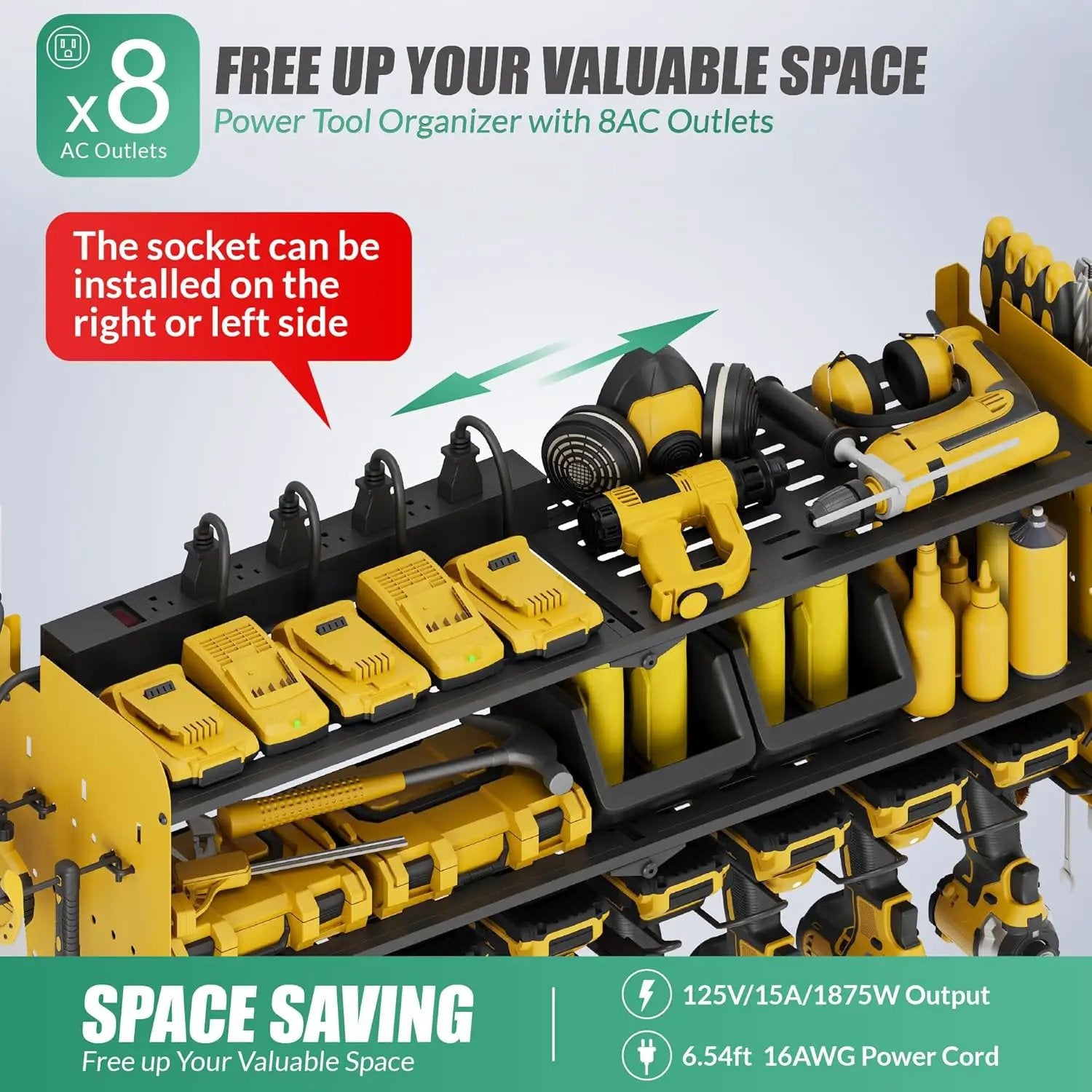 Suchtale Power Tool Organizer with Charging Station,33.2" Garage 8 Drill Holders Wall Mount,3 Layers Heavy Duty Metal Tool Shelf with 8 Outlets Power Strip, Gift for Men, Father, Yellow by GreenHaven Gardens