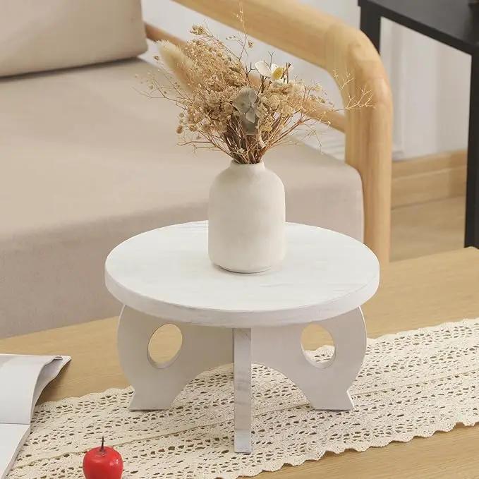 Small Plant Stand Kitchen Display Stand 10 inch Plant Holder Plant Stool Round Stand Risers Farmhouse Rustic Balcony Decor Pedestal Board Washed White by GreenHaven Gardens