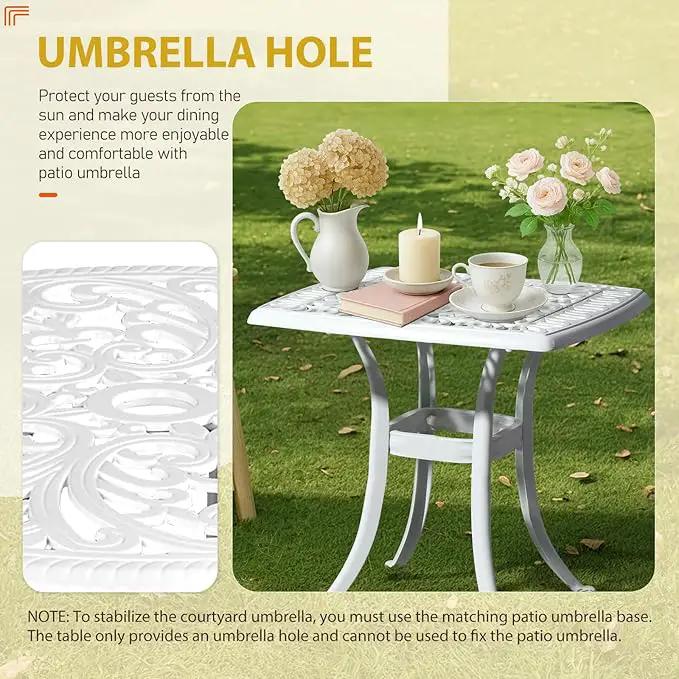 Outvita Patio Side Table, 21.3in Outdoor Square Cast Aluminum Bistro Table with Umbrella Hole and Antique Design for Backyard Porch Pool Balcony Deck White by GreenHaven Gardens
