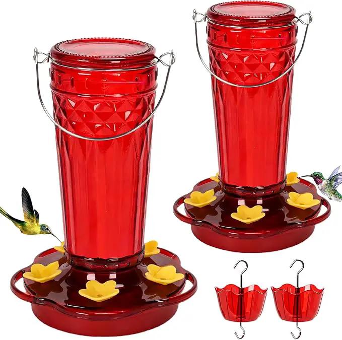 Hummingbird Feeder 2pack-14Ounces，5 Feeding Ports Glass Hummingbird feeders for Outdoors,Wide Mouth for Easy Filling/Cleaning，Hanging for Garden Backyard Decor, Includes Ant Moat (Red) by GreenHaven Gardens