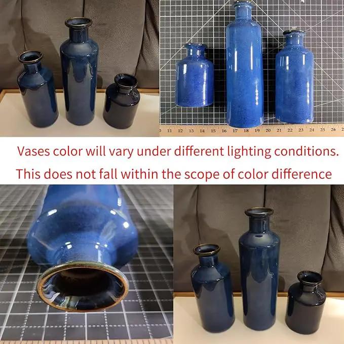 Blue Ceramic Vase Set of 3,Home Decorative Flower Vase,Small vase Set for Farmhouse Living Room Bedroom Tabletop Decor,Office Bookshelf Centerpiece Entrance Decoration by GreenHaven Gardens