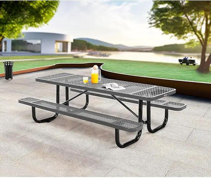 Global Industrial 8’L Rectangular Picnic Table, Expanded Metal, Gray Thermoplastic Coating, Attached Benches, 1-1/2” Umbrella Pole Hole, Outdoor-Rated, 1000 lb Capacity, 96” x 30” Tabletop by GreenHaven Gardens