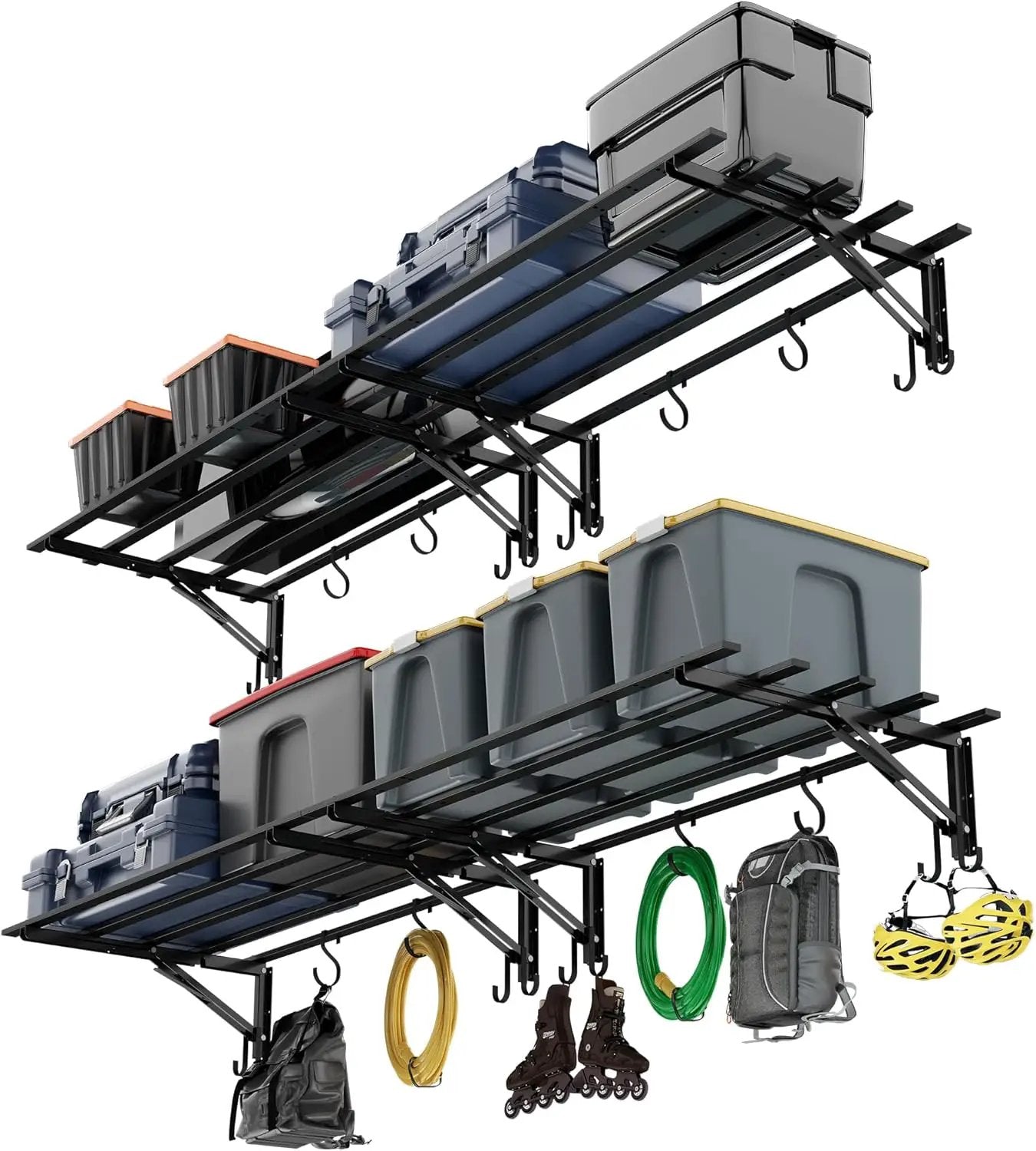 4-Pack Garage Storage System Shelves 3.21x1.64 ft - Compact Folding Wall Shelves for Garage, Sturdy Metal Wall Shelving with Hooks, Versatile Metal Hanging Shelf Design, Sleek Floating Black Shelf by GreenHaven Gardens