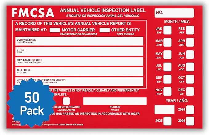 50 Pack Buck Aluminum Annual Vehicle Inspection Label with Punch Boxes, 2 Mil Red FMCSA Self Adhesive Sticker, DOT Compliant, Weatherproof, Tear Resistant, Easy to Write On, 6" x 3.5" - Made in USA by GreenHaven Gardens