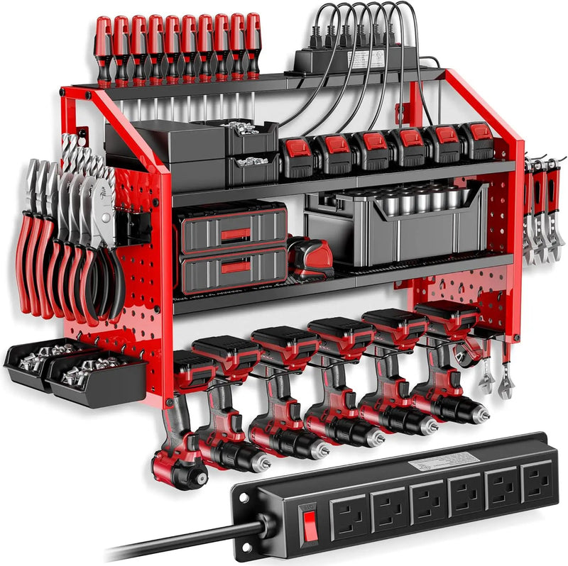 LBT Power Tool Organizer With Charging Station,Patented,Heavy Duty Steel,6 Drilling Rig Sizes With Hooks And Screw Boxes,6 sockets,Easy To Install Garage Storage Rack,Great Gift For Men, Red by GreenHaven Gardens