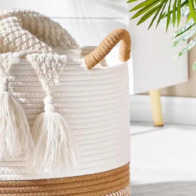 KAKAMAY Large Blanket Basket (20"x13"),Woven Baskets for storage Baby Laundry Hamper, Cotton Rope Blanket Basket for Living Room, Laundry, Nursery, Pillows, Baby Toy chest (White/Brown) by GreenHaven Gardens