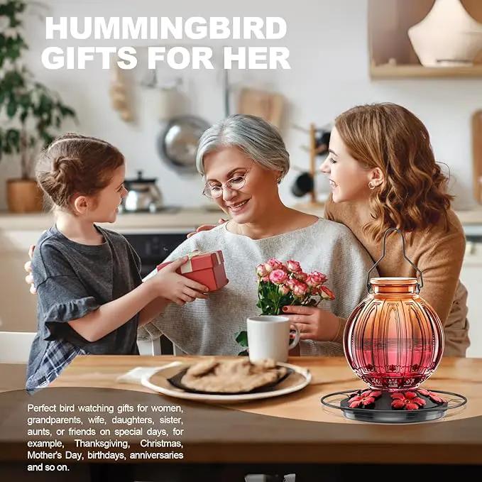 Glass Hummingbird Feeder for Outdoors Hanging, 26Oz Bird Nectar Feeder with Perch & 5 Flower Feeding Ports, Leak Proof for Outside Garden Decor Backyard, Gifts for Women Mom, Clear & Red by GreenHaven Gardens