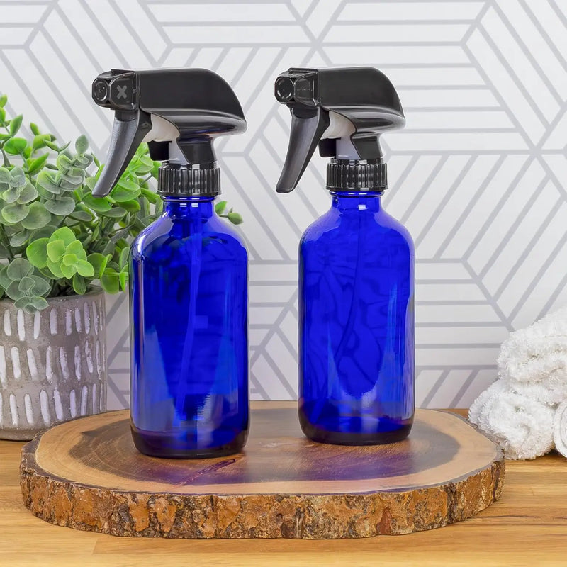 Cornucopia Brands 8-Ounce Cobalt Blue Glass Boston Round Spray Bottles (2 Pack) 3-Setting Heavy Duty Sprayers, Empty Refillable Bottle by GreenHaven Gardens