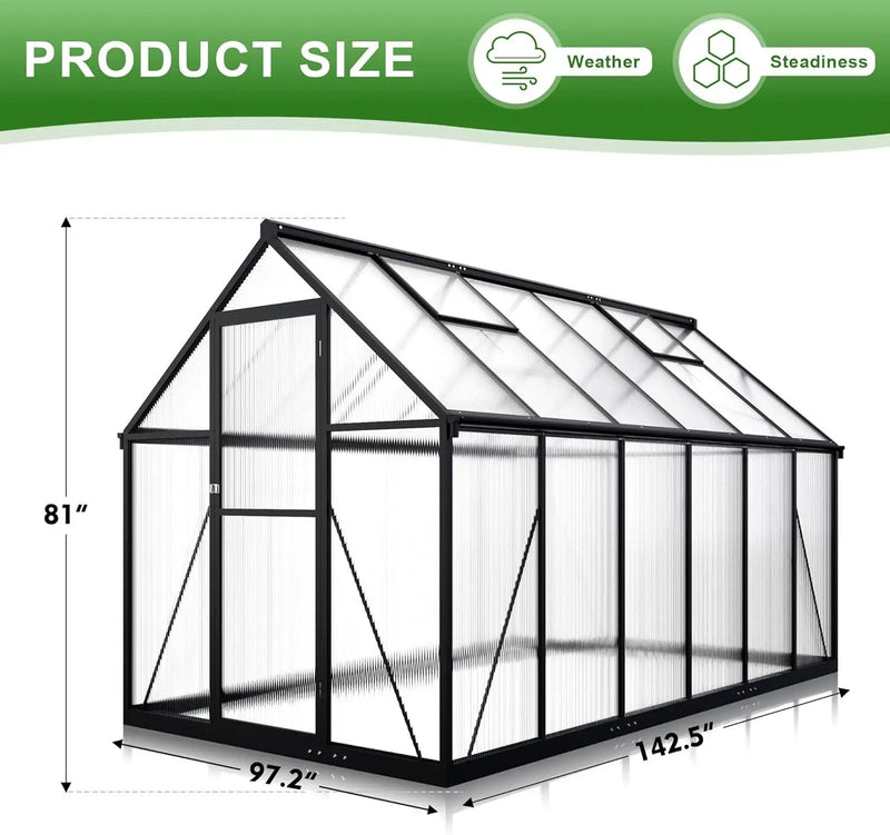 Polar Aurora 8x12 FT Greenhouse, Quick Aluminum Assembly Structure Polycarbonate Greenhouse, Walk-in Greenhouses for Outdoors with Ventilated Windows, Green Houses for Outside Backyard Garden by GreenHaven Gardens