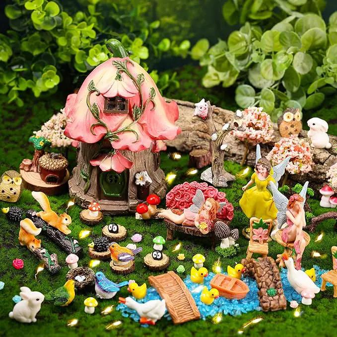 93 Pcs Fairy Garden House Resin Accessories Fairy Elves Kit Miniature Fairy Figurines Ornaments Fairy Animals Decor Outdoor for DIY Dollhouse by GreenHaven Gardens