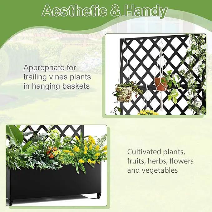 Metal Planter Trellis Box with Wheels & Drain Plug Outdoor Raised Garden Bed Patio Privacy Screen with Planter for Climbing Plants, Vegetables 73"x35"x16" Black-Diamond by GreenHaven Gardens