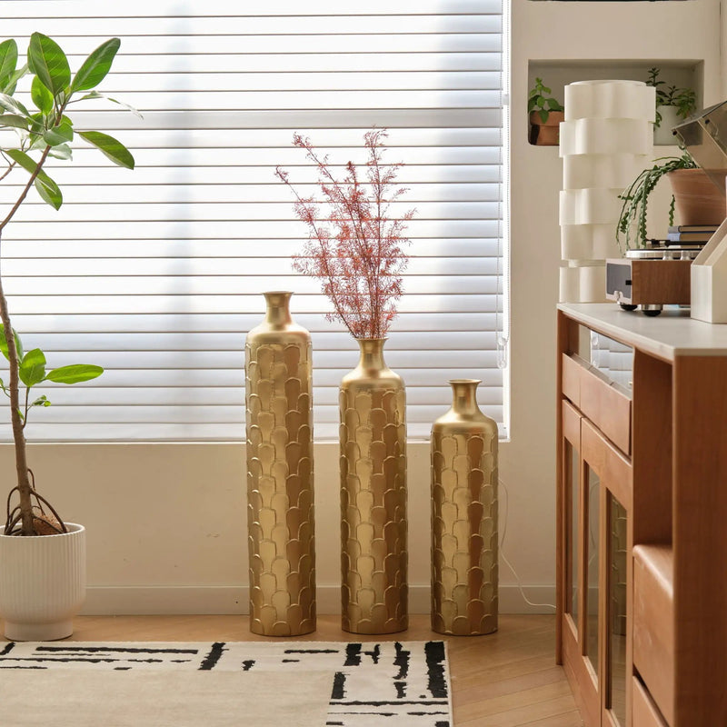 Floor Metal Vases Decorated White Metal Vases (Set of 3) Gorgeous Home Decoration Large Glazed Metal Vases - Golden by HouseOfZazla