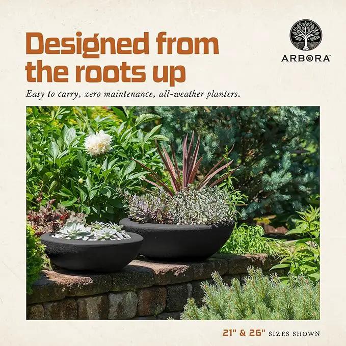 ARBORA 26" Santorini Bowl 2-Pack with Classic Black Finish - Polyresin Indoor and Outdoor Planters, Durable, Weatherproof, Lightweight, Large Plant Pots for Patio, Garden, Deck, Entryway by GreenHaven Gardens