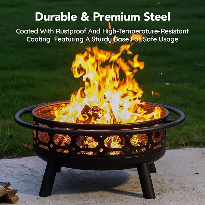 36 Inch Fire Pit, Outdoor Wood Burning Firepit with Removable Grill & Poker, Heavy Duty Metal Round Fireplace,2 in 1 Large Bonfire for Outside,BBQ,Yard,Patio by GreenHaven Gardens
