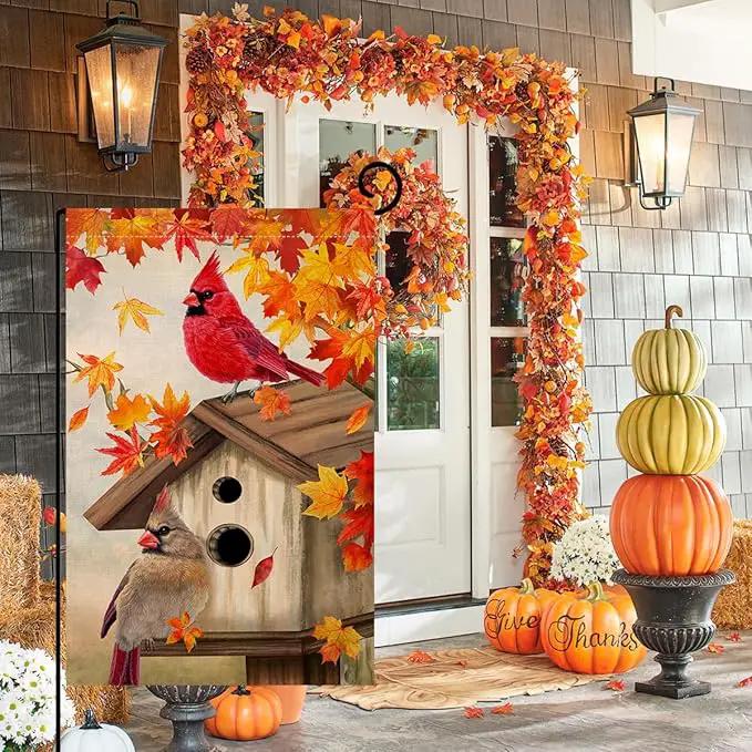 BLKWHT Fall Cardinal Bird Garden Flag 12x18 Vertical Double Sided Maple Leaves Welcome Autumn Thanksgiving Holiday Outside Decorations Burlap Yard Flag BW829 by GreenHaven Gardens