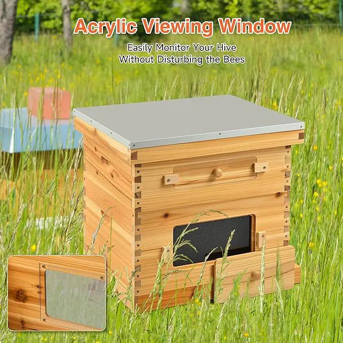 CREWORKS 10 Frame Bee Hive, 2 Layers Beeswax Coated Beehive Starter Kit with Frames & Foundations, Langstroth Bees Hives Box with Transparent Acrylic (Window Medium Box & Deep Box) by GreenHaven Gardens