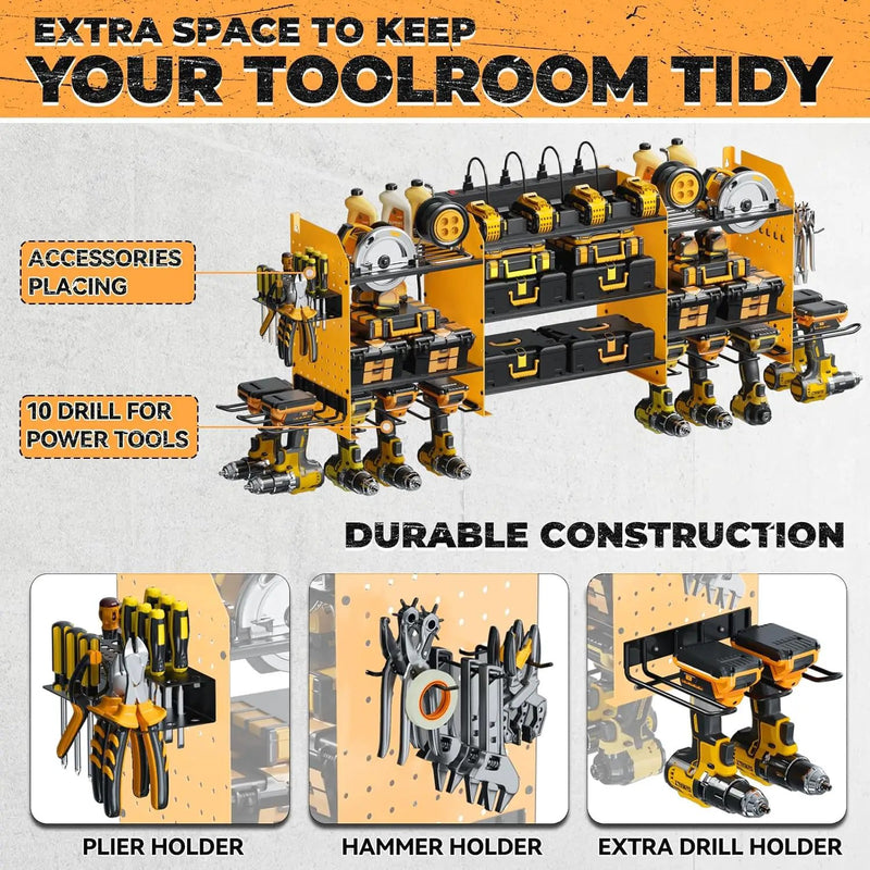 Upgrade Large Power Tool Organizer Wall Mount with Charging Station Tool Storage Rack with 6.5FT Power Strip 10 Drill Holder and Storage Rack for Garage Organization by GreenHaven Gardens