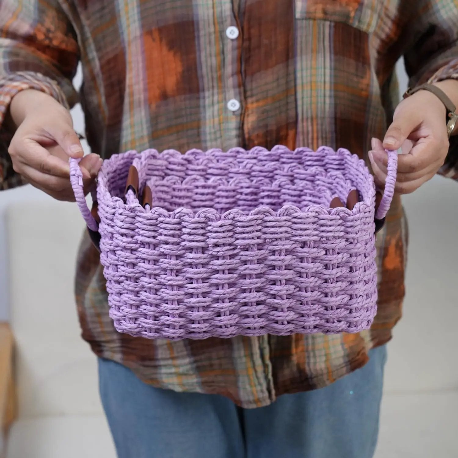 Small baskets for Organizing,Cute woven Storage basket with recycled paper rope for Shelves Bathroom,Little decorative basket,Set of 3 (Purple) by GreenHaven Gardens
